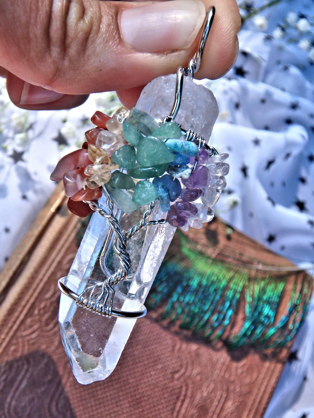 Chakra Stones Tree of Life Wire Wrapped Quartz Point Pendant - Earth Family Crystals
