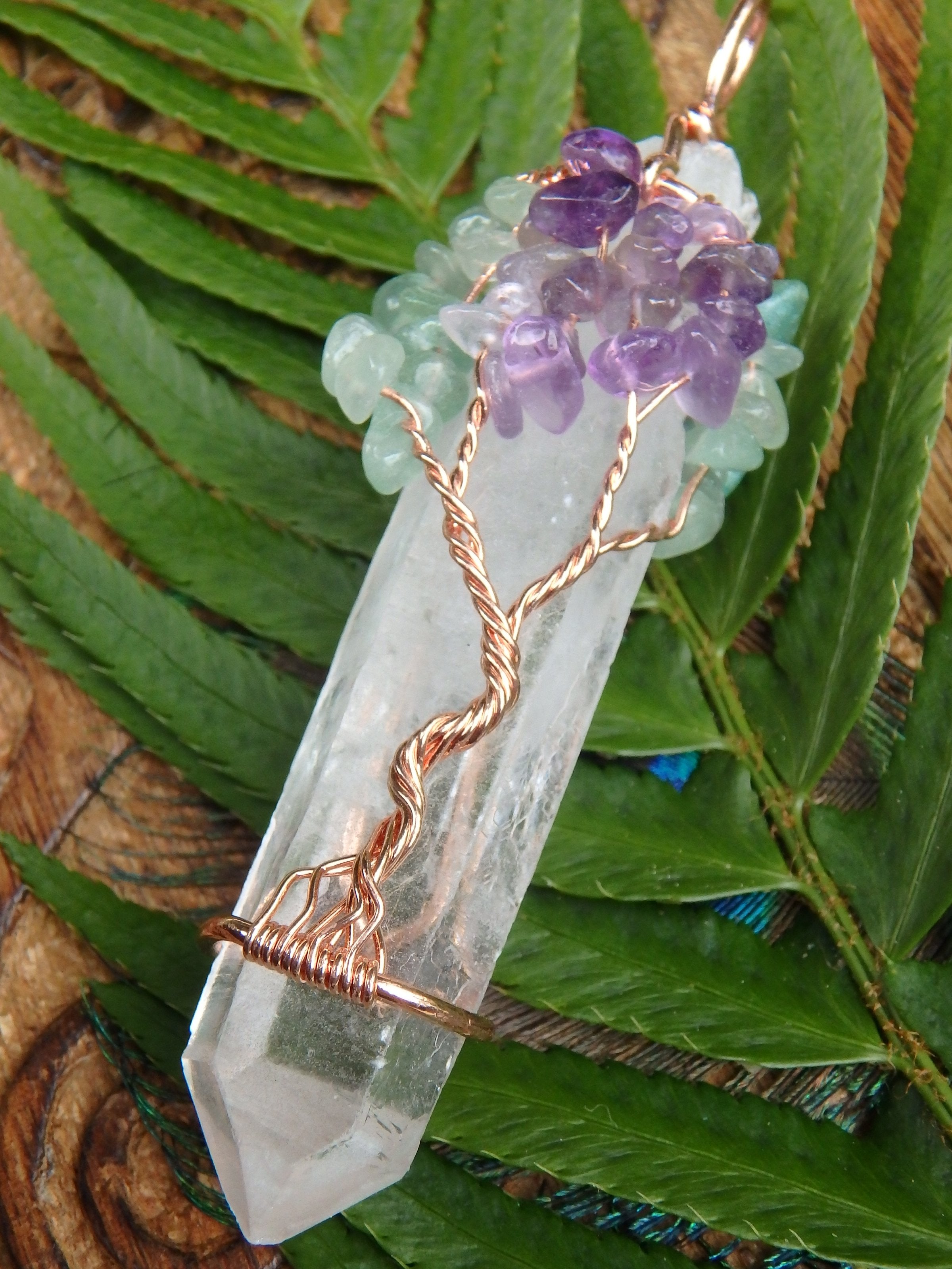 Tree of Life Wire Wrapped Clear Quartz Point With Amethyst & Aventurine Pendant - Earth Family Crystals