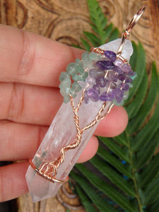 Tree of Life Wire Wrapped Clear Quartz Point With Amethyst & Aventurine Pendant - Earth Family Crystals