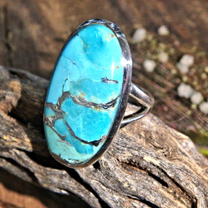 Vibrant Robin Egg Blue Turquoise & Genuine Silver Swirls Gemstone Ring in Sterling Silver (Size 8) - Earth Family Crystals