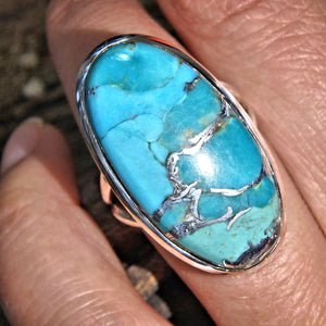 Vibrant Robin Egg Blue Turquoise & Genuine Silver Swirls Gemstone Ring in Sterling Silver (Size 8) - Earth Family Crystals