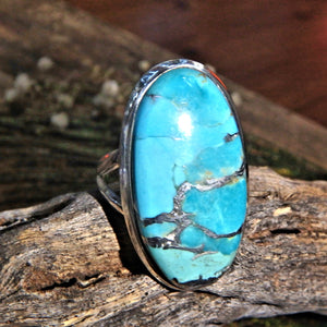 Vibrant Robin Egg Blue Turquoise & Genuine Silver Swirls Gemstone Ring in Sterling Silver (Size 8) - Earth Family Crystals