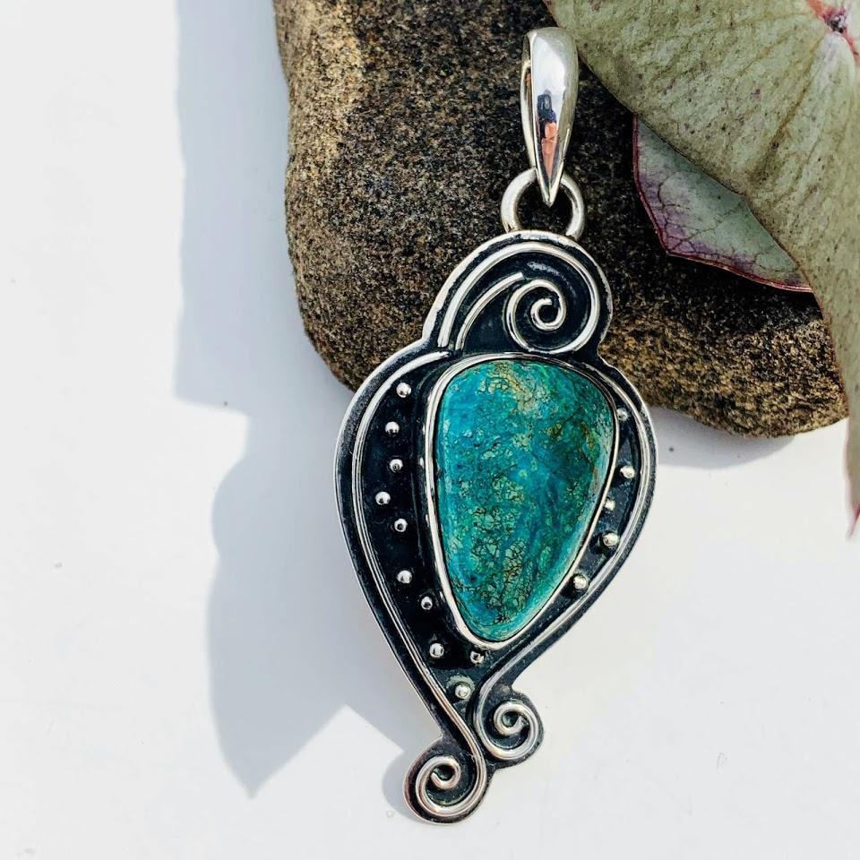 Elegant  Blue Chrysocolla Sterling Silver Pendant (Includes Silver Chain) - Earth Family Crystals