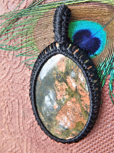 Salmon Pink & Forest Green Unakite  Macrame Wrapped Pendant