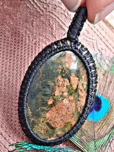 Salmon Pink & Forest Green Unakite  Macrame Wrapped Pendant