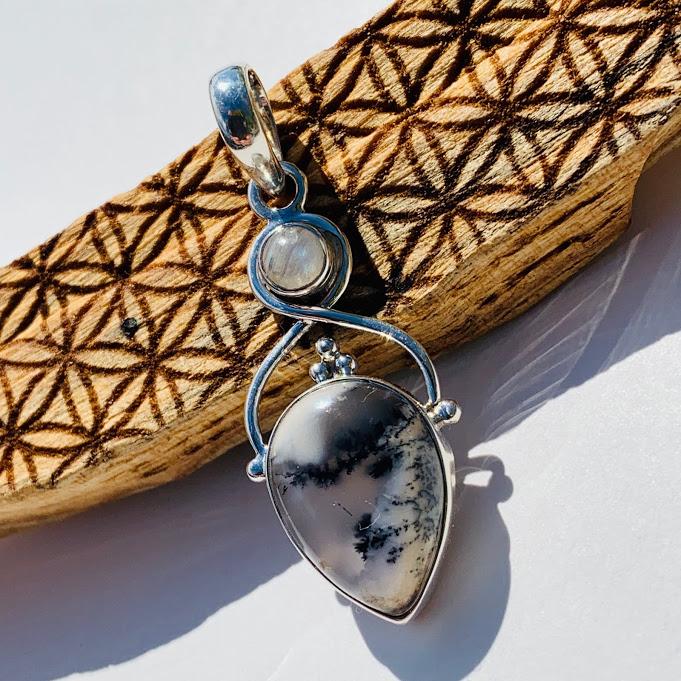 Gorgeous Dendritic Agate & Moonstone Sterling Silver Pendant (Includes Silver Chain) - Earth Family Crystals