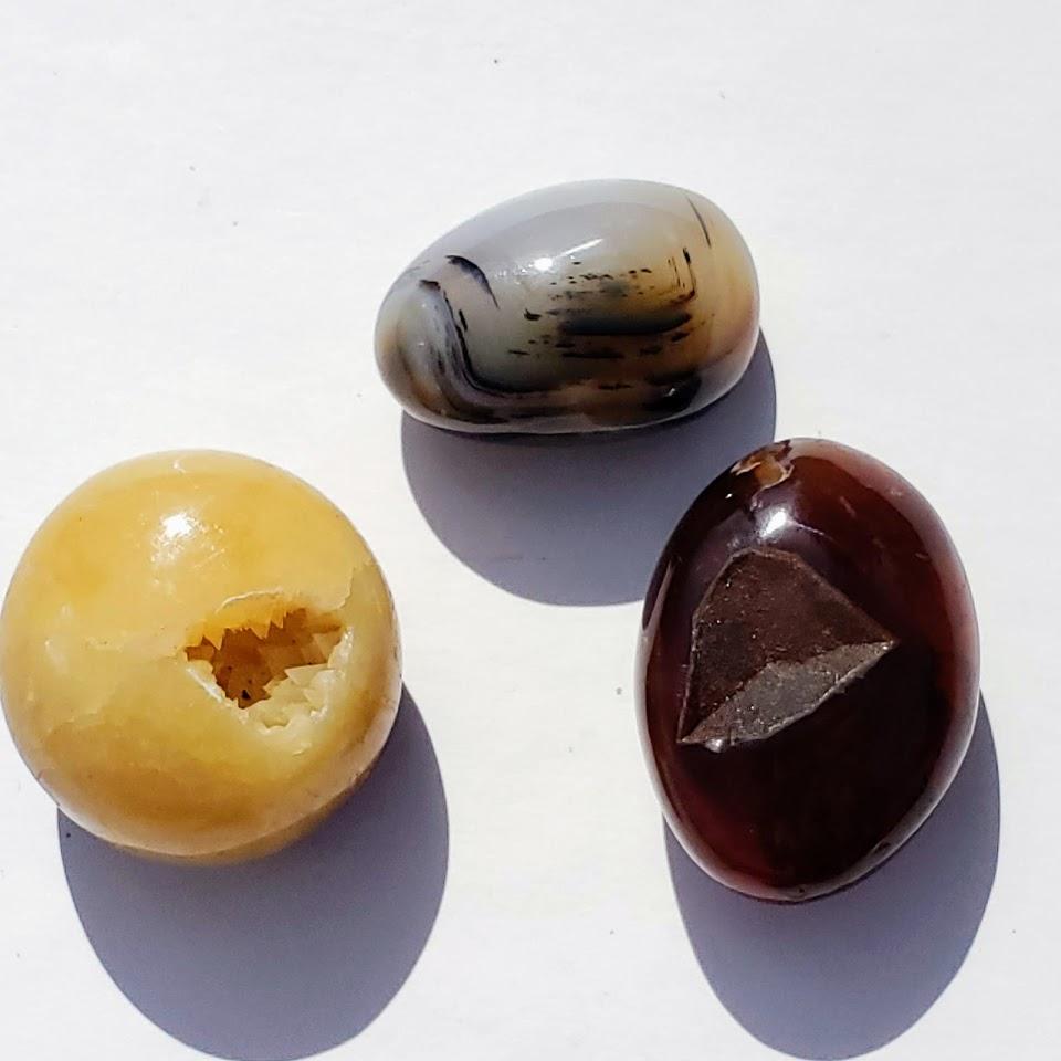 Set of 3 Polished Palm Stones~Orange Carnelian, Golden Septarian & Creamy Agate Crystals