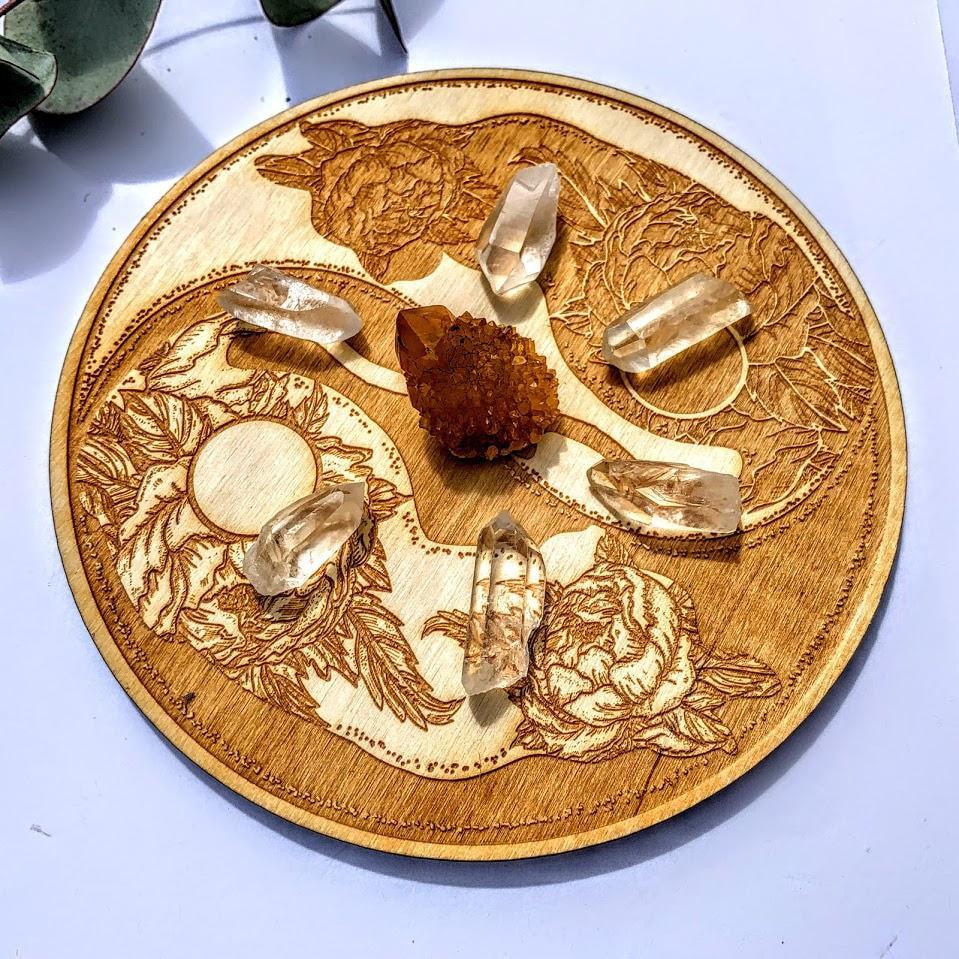 Crystal Mandala Set -Includes Yin/Yang Cat Birch Wood Board Natural, Golden Spirit Quartz & 6 Golden Healer Quartz Points - Earth Family Crystals