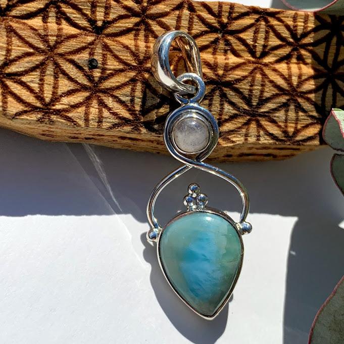 Gorgeous Blue Larimar & Moonstone Sterling Silver Pendant (Includes Silver Chain) #1 - Earth Family Crystals