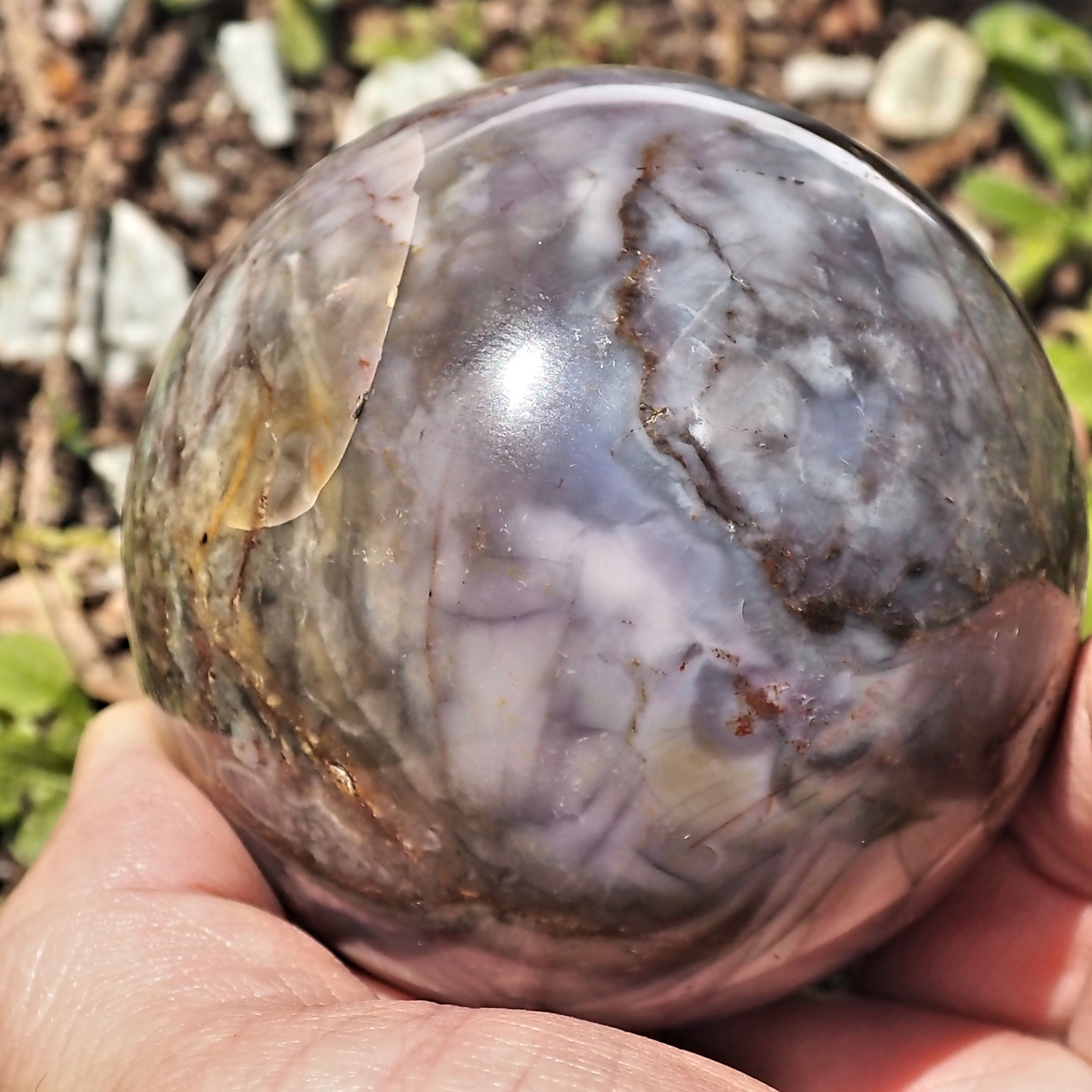 Fabulous Color Contrast XL Violet Flame Agate Sphere Carving From Madagascar - Earth Family Crystals
