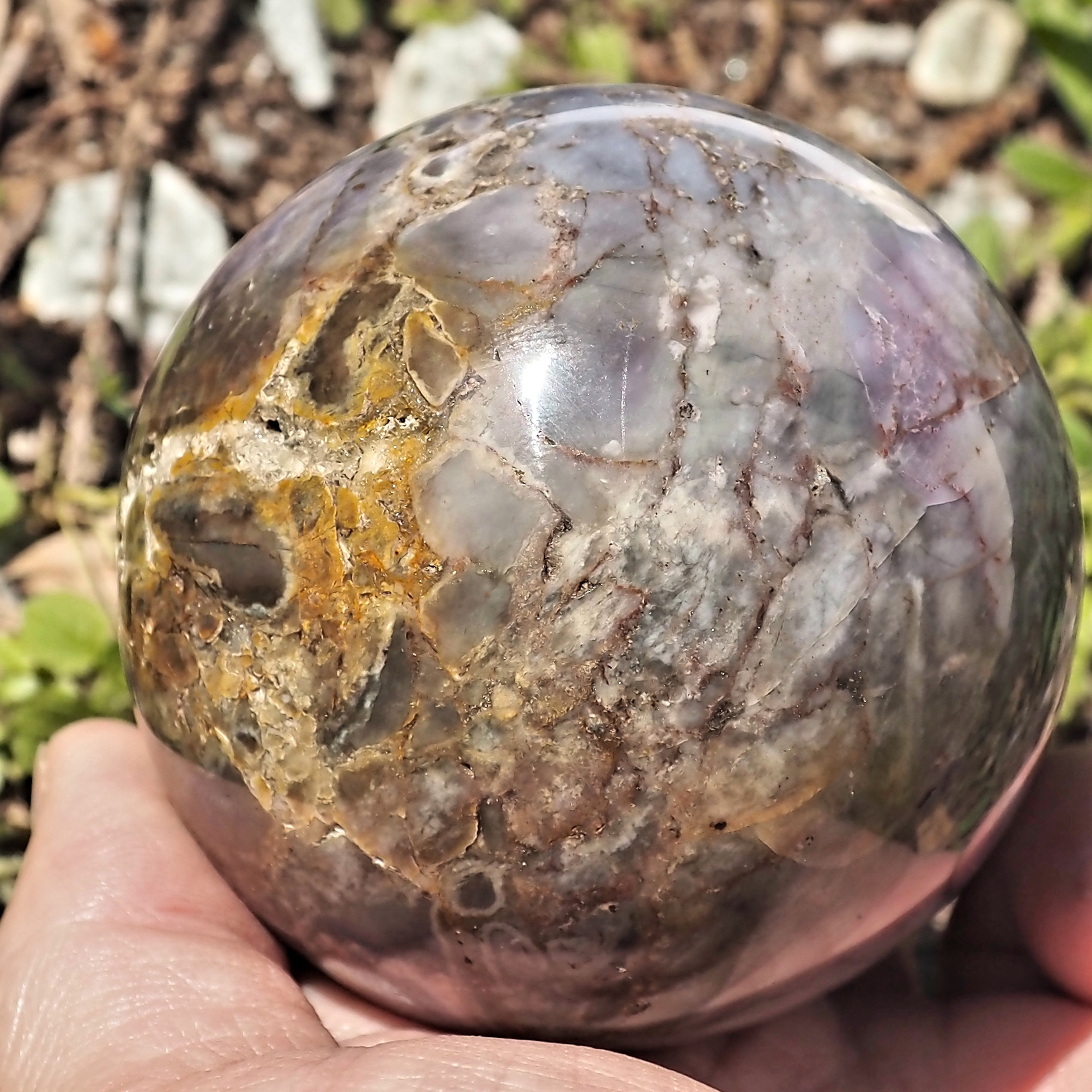 Fabulous Color Contrast XL Violet Flame Agate Sphere Carving From Madagascar - Earth Family Crystals