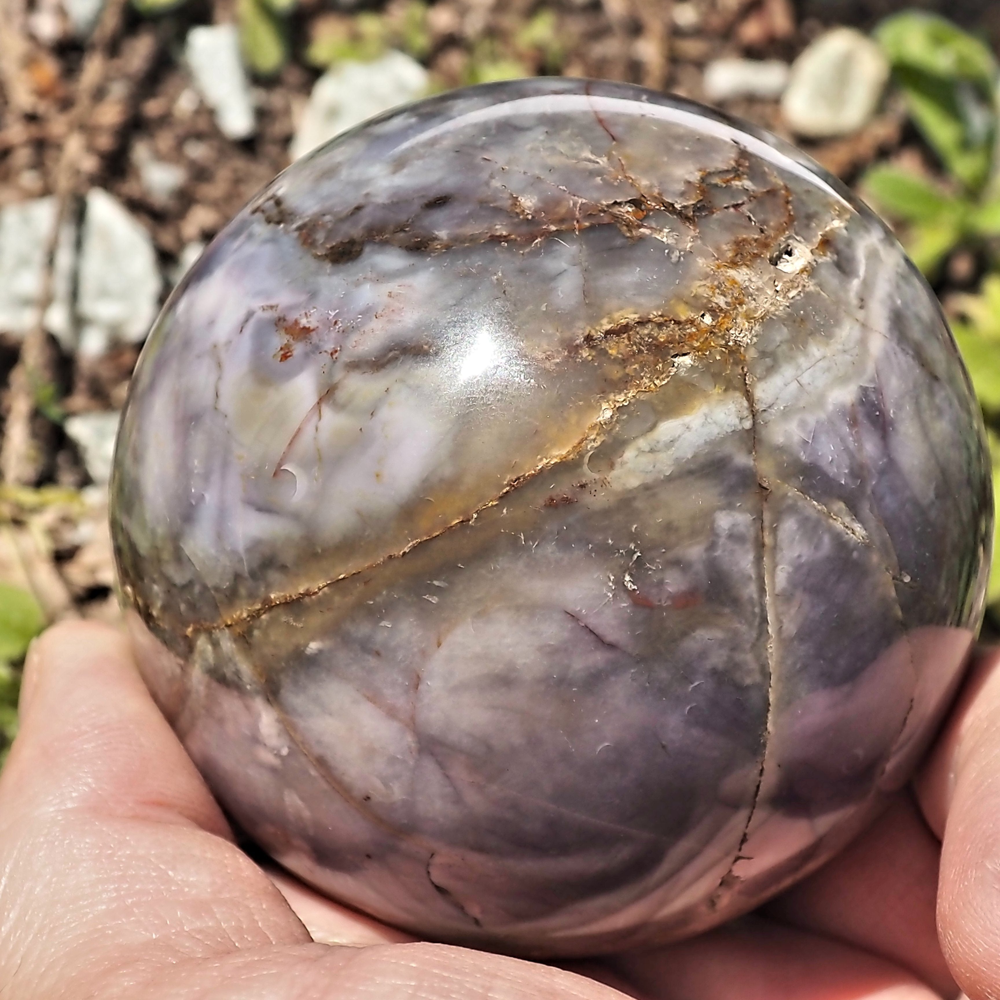 Fabulous Color Contrast XL Violet Flame Agate Sphere Carving From Madagascar - Earth Family Crystals