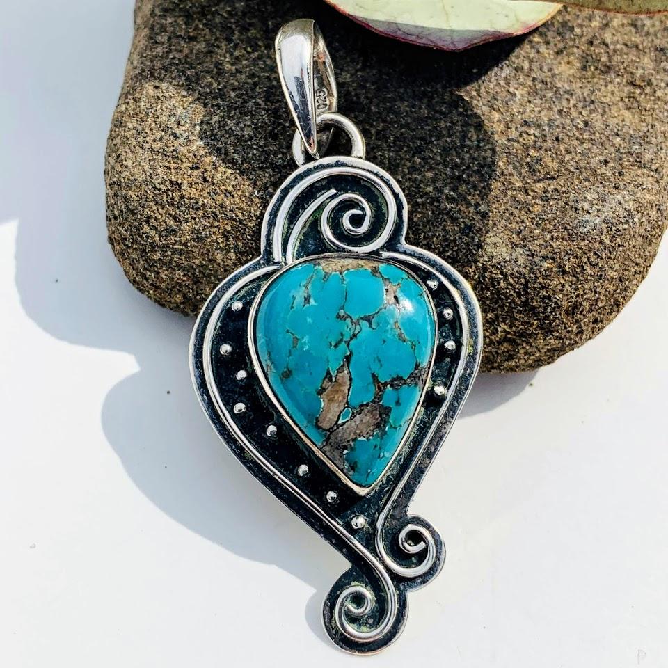 Elegant Tibetan Turquoise Sterling Silver Pendant (Includes Silver Chain) - Earth Family Crystals