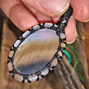 Earthy Brown & White Agate Handmade Macrame Pendant - Earth Family Crystals