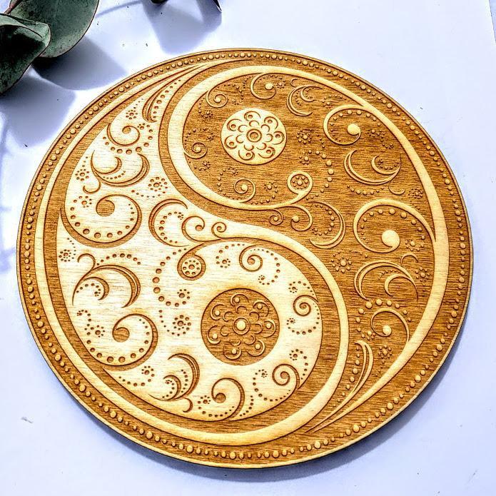 Crystal Mandala Set -Includes Yin/Yang Birch Wood Board Natural Golden Spirit Quartz & 6 Golden Healer Quartz Points - Earth Family Crystals