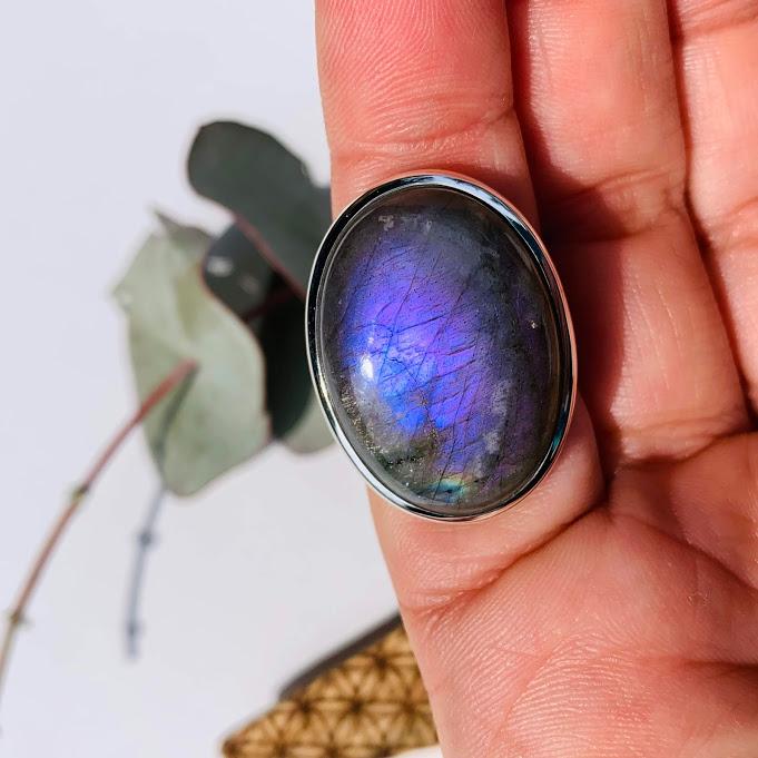 Stunning Purple Flash Labradorite Ring in Sterling Silver (Size 9.5) - Earth Family Crystals