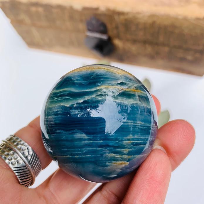 Amazing Patterns Lemurian Aquatine Blue Calcite Sphere from Argentina #1 - Earth Family Crystals