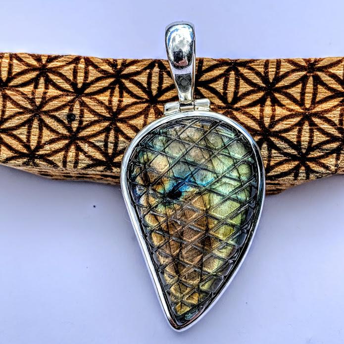 Fabulous Carved Labradorite Pendant in Sterling Silver (Includes Silver Chain) #1 - Earth Family Crystals