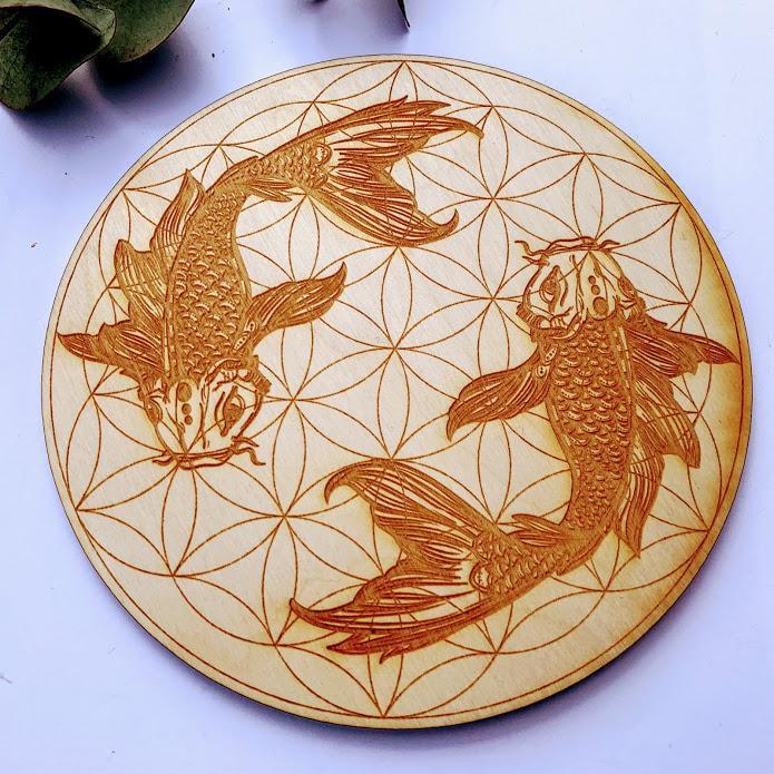 Crystal Mandala Set -Includes Koi Fish Flower of Life Birch Wood Board, Natural Golden Spirit Quartz & 6 Golden Healer Quartz Points - Earth Family Crystals