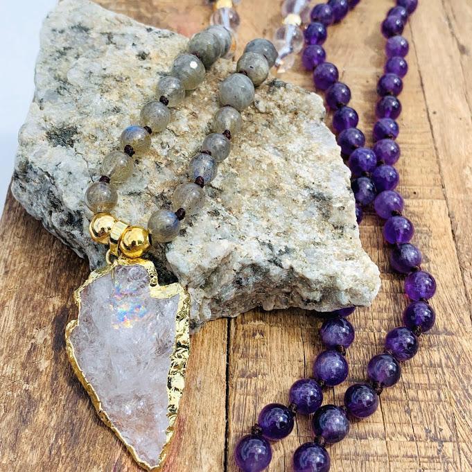 Beautiful Beaded Amethyst, Labradorite & Clear Quartz Long Mala Style Necklace - Earth Family Crystals