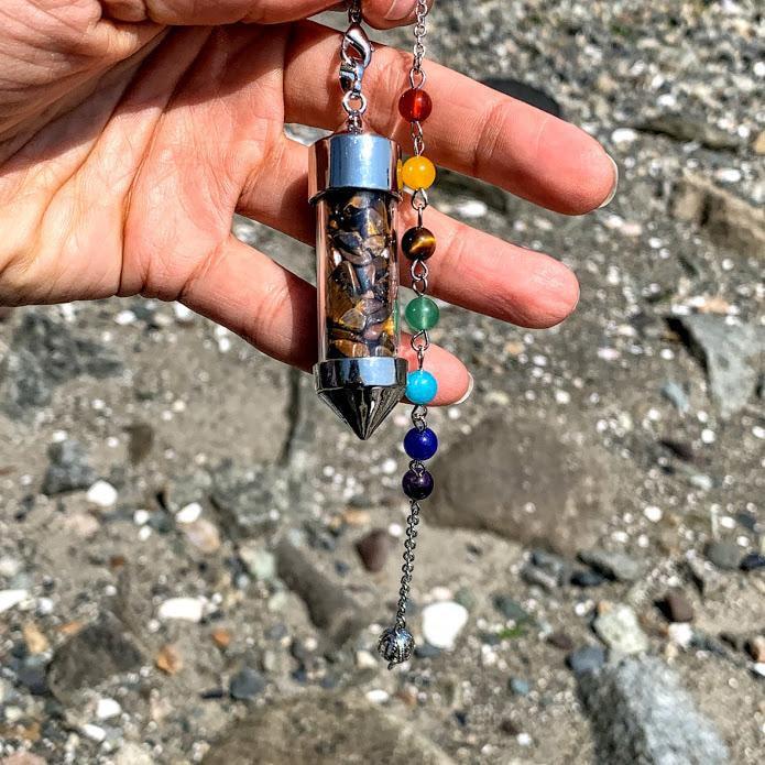 3 in 1 Tiger Eye Crystal Chips Point Pendulum With Detachable Chakra Bead Chain (Use as a  Pendant, Bracelet & Pendulum) - Earth Family Crystals