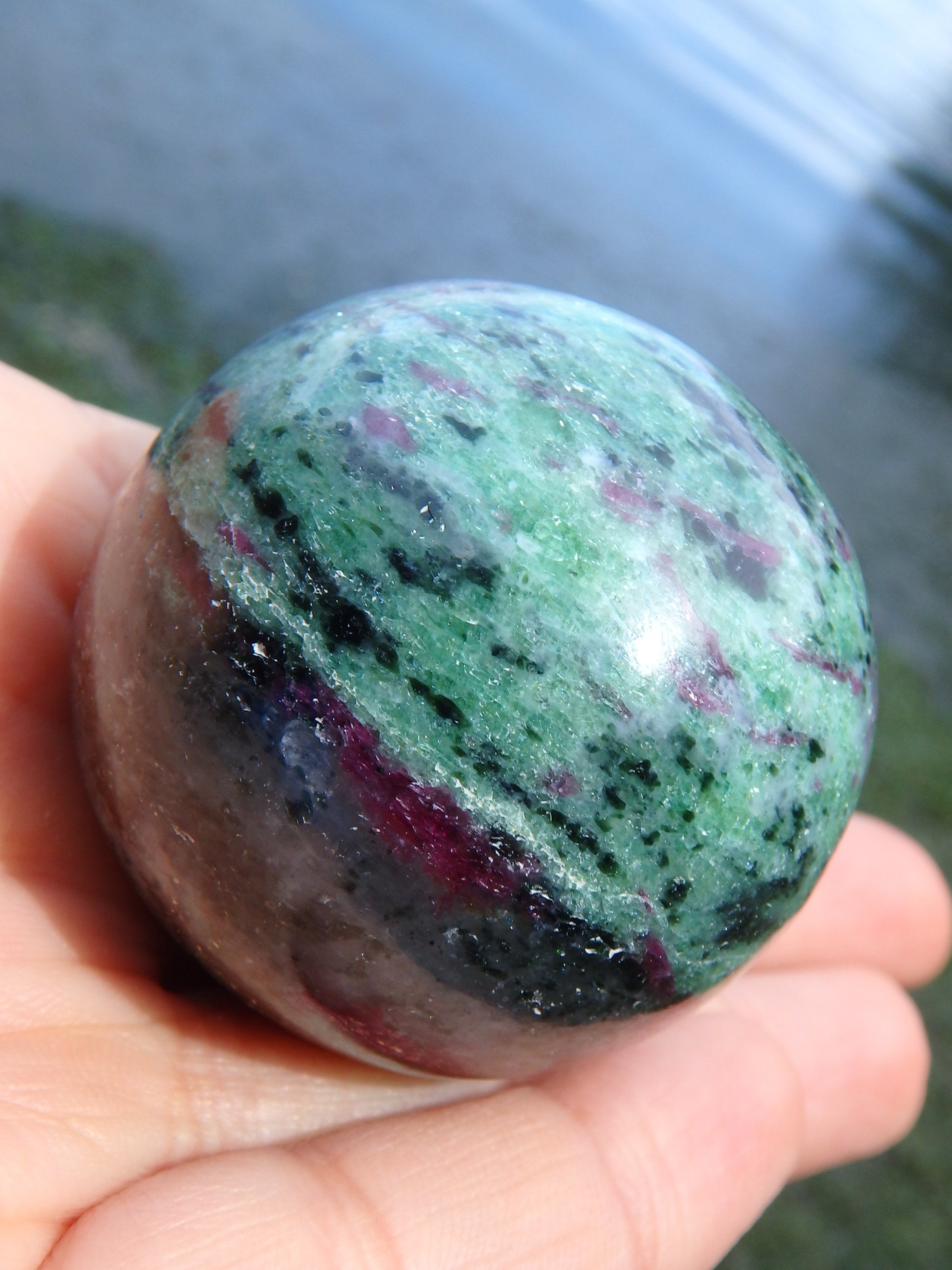 Fabulous Forest Green & Burgundy Ruby Zoisite Sphere Carving - Earth Family Crystals