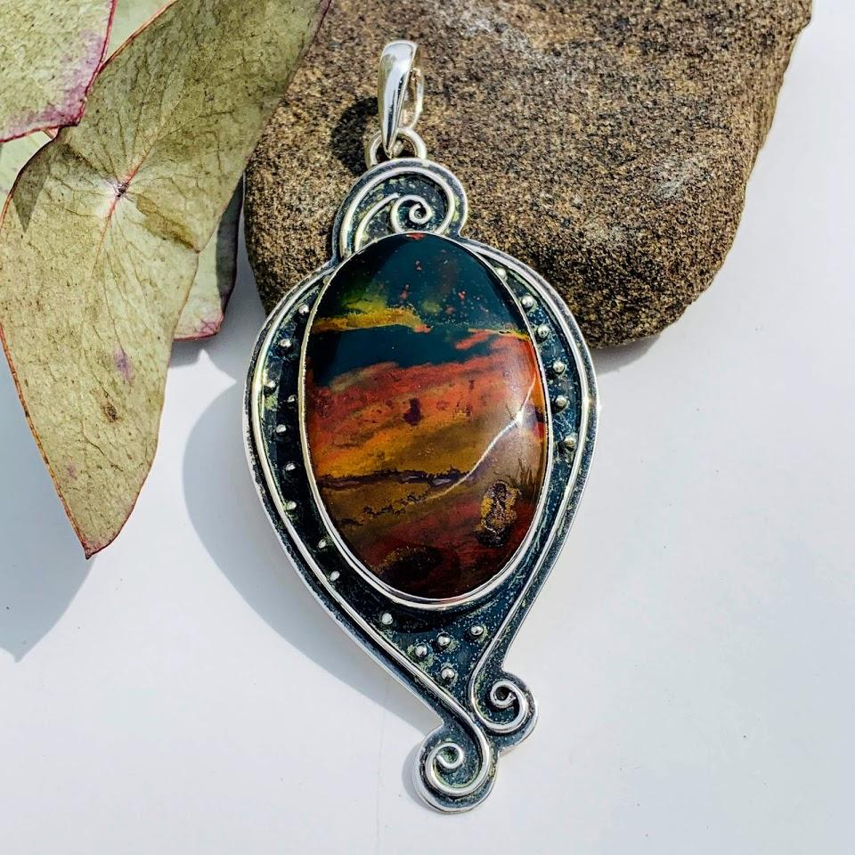 Stunning Patterns Chunky Bloodstone Elegant  Sterling Silver Pendant (Includes Silver Chain) - Earth Family Crystals