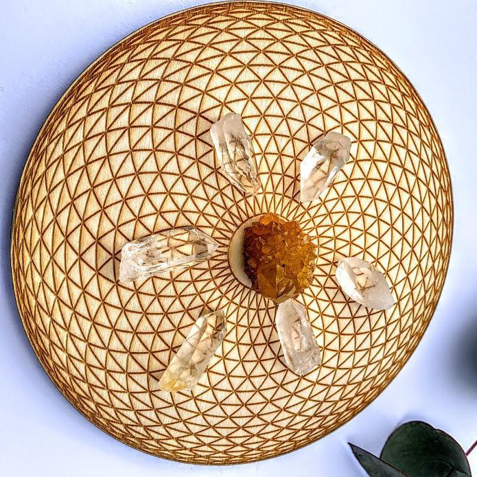 Crystal Mandala Set -Includes Torus Yantra Hypnotic Eye Birch Wood Board, Natural Golden Spirit Quartz & 6 Golden Healer Quartz Points - Earth Family Crystals