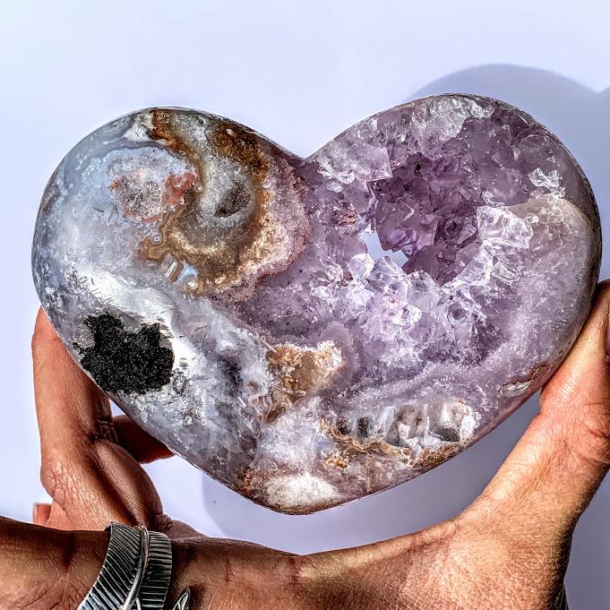 XL Pink & Purple Amethyst Druzy Geode Heart Carving - Earth Family Crystals