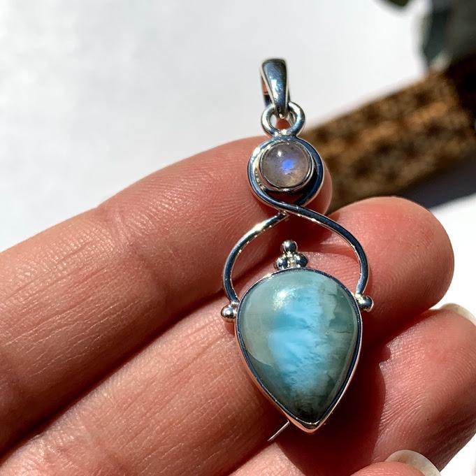 Gorgeous Blue Larimar & Moonstone Sterling Silver Pendant (Includes Silver Chain) #1 - Earth Family Crystals