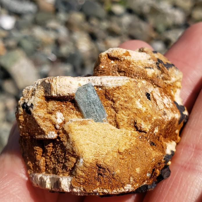 Gemmy Blue Aquamarine Point & Black Tourmaline Nestled in Feldspar Point - Earth Family Crystals