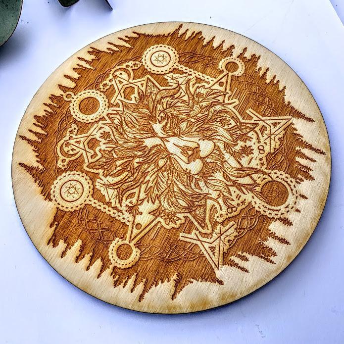 Crystal Mandala Set -Includes Lion Birch Wood Board, Natural Golden Spirit Quartz & 6 Golden Healer Quartz Points - Earth Family Crystals