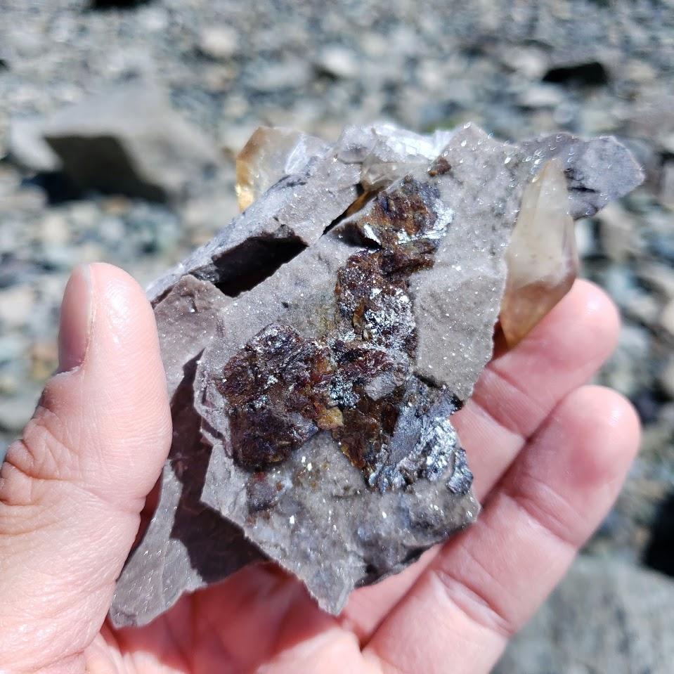 Fabulous Famous Locality~Elmwood Mine Golden Stellar Beam Calcite Points nestled in Shimmering Chunky Rock Matrix - Earth Family Crystals