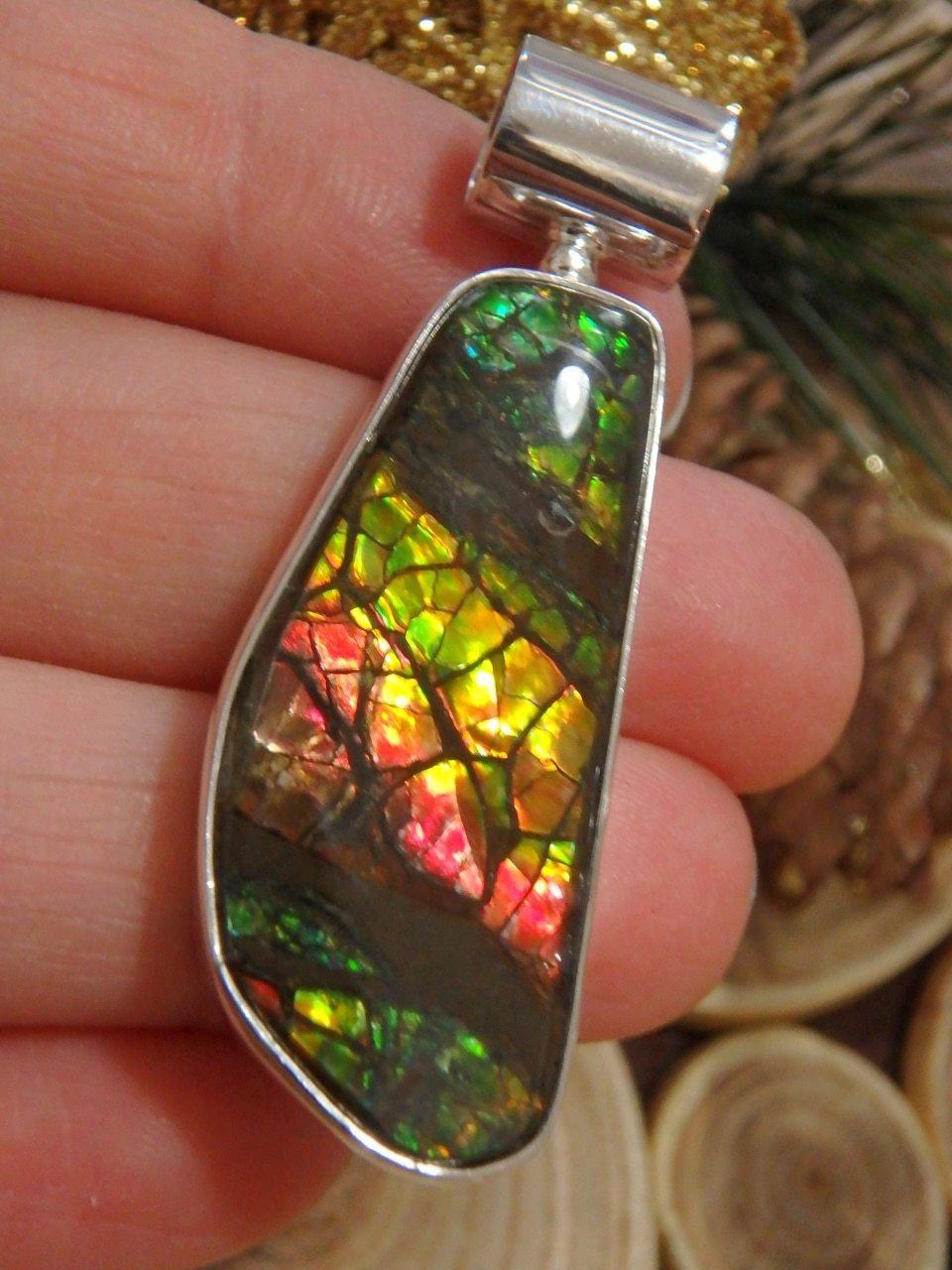 Brilliant Rainbow Flashes Ammolite Pendant in Sterling Silver (Includes Silver Chain) - Earth Family Crystals