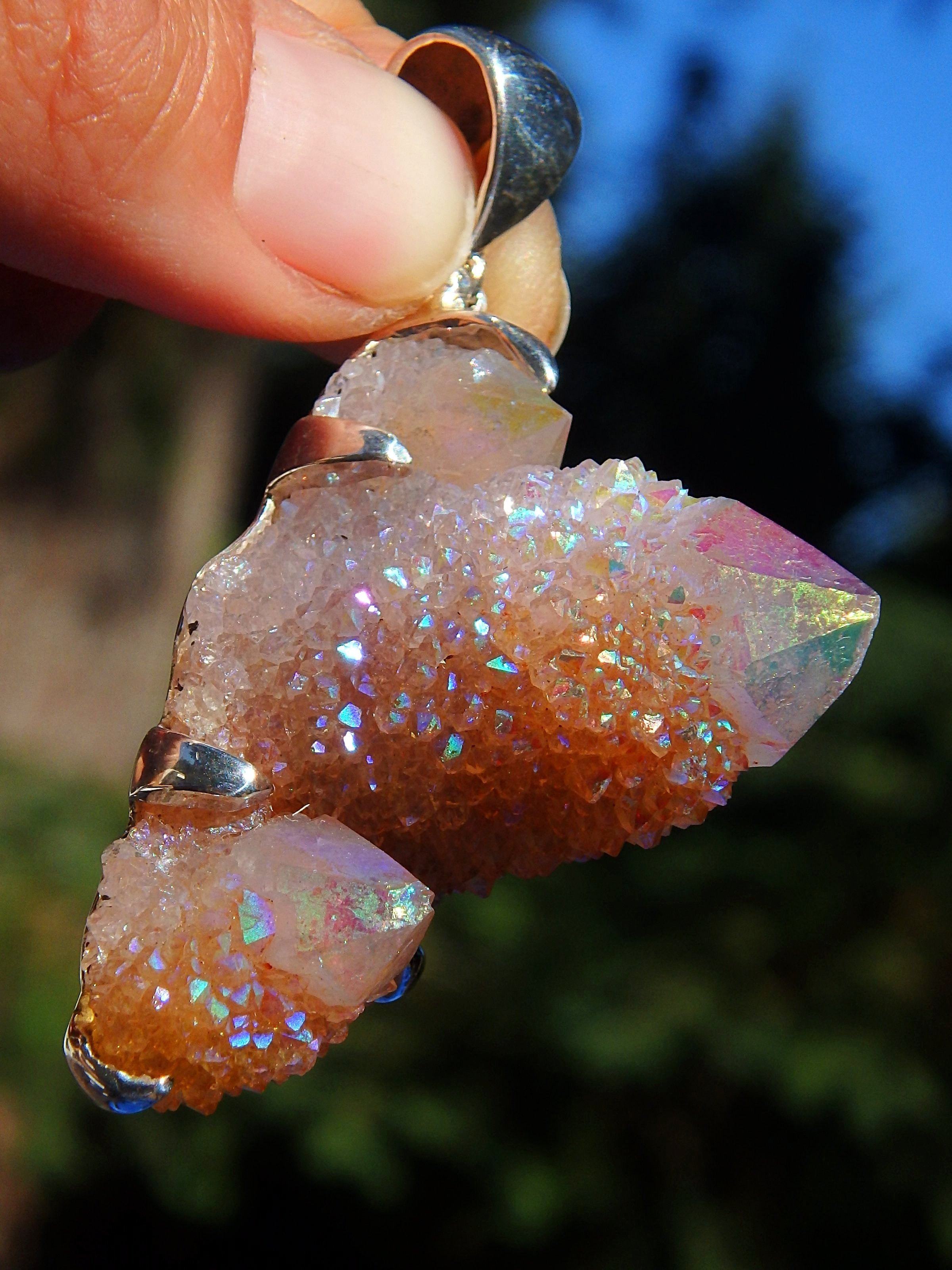 Chunky Statement Piece~Shimmering Angel Aura Spirit Quartz Triple Point Pendant in Sterling Silver (Includes Silver Chain) - Earth Family Crystals