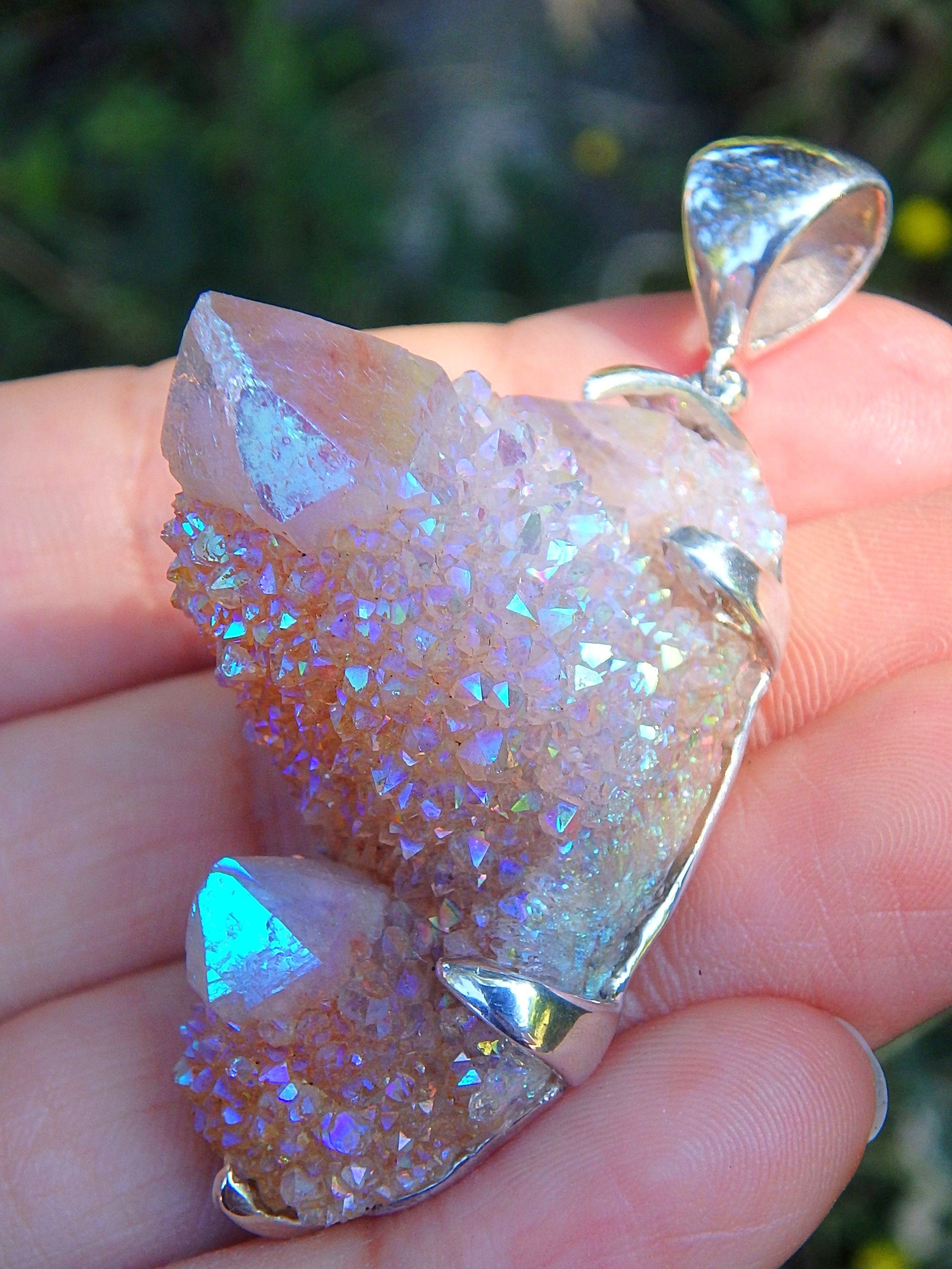 Chunky Statement Piece~Shimmering Angel Aura Spirit Quartz Triple Point Pendant in Sterling Silver (Includes Silver Chain) - Earth Family Crystals