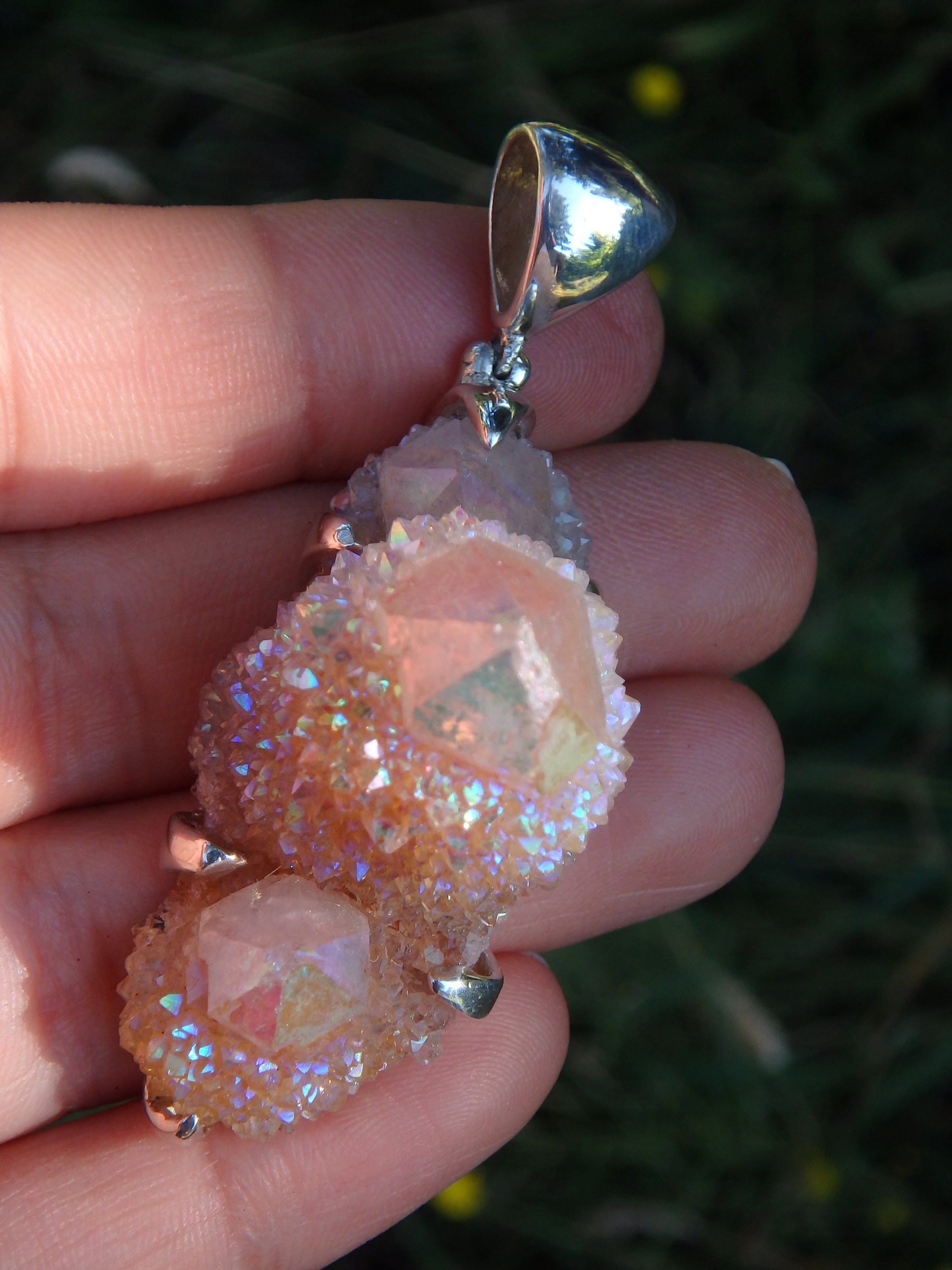 Chunky Statement Piece~Shimmering Angel Aura Spirit Quartz Triple Point Pendant in Sterling Silver (Includes Silver Chain) - Earth Family Crystals