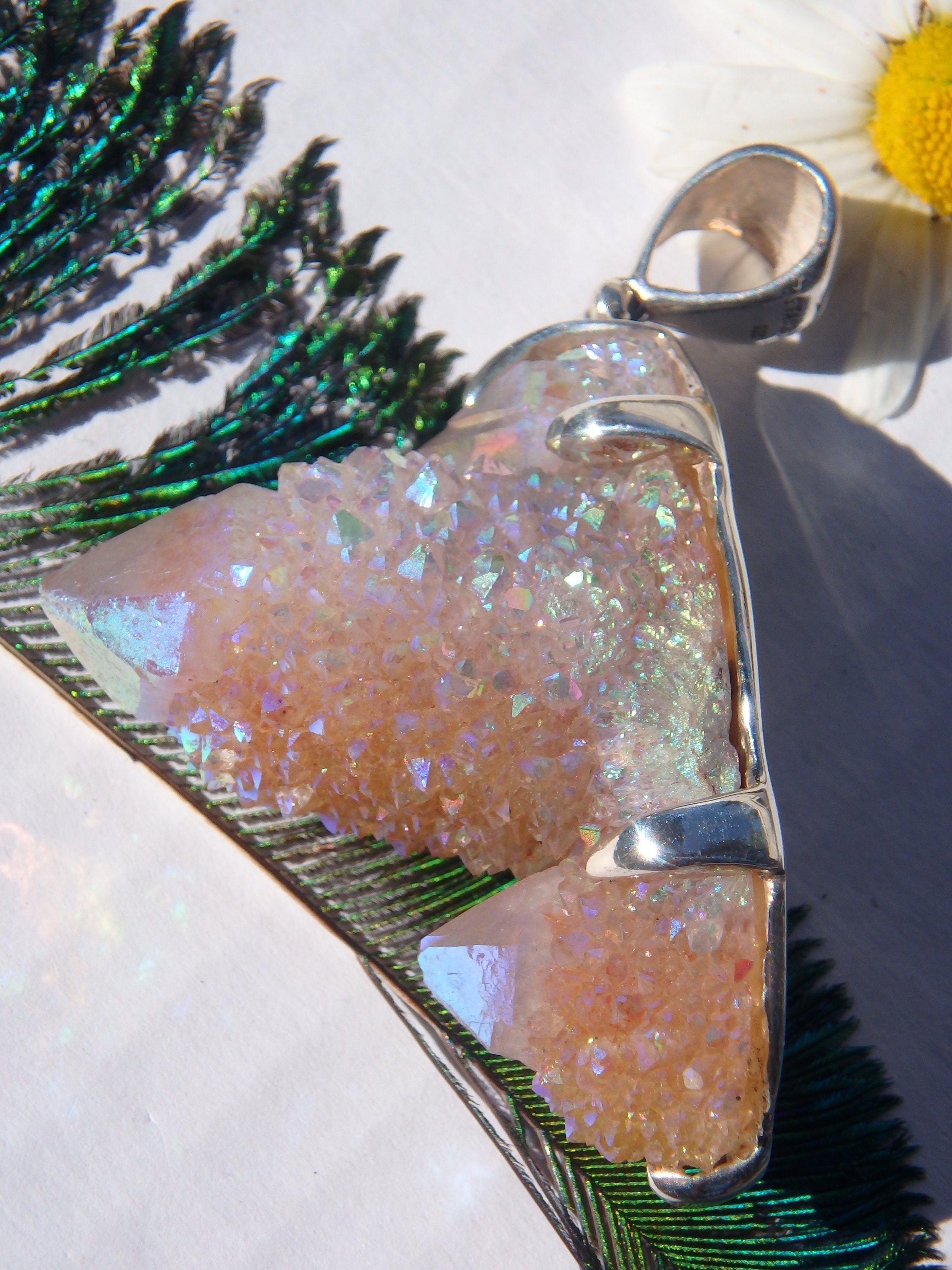 Chunky Statement Piece~Shimmering Angel Aura Spirit Quartz Triple Point Pendant in Sterling Silver (Includes Silver Chain) - Earth Family Crystals