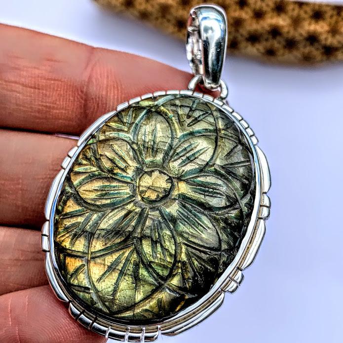 Fabulous Flower Carved Large Labradorite Pendant in Sterling Silver (Includes Silver Chain) #2 - Earth Family Crystals