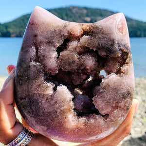 Adorable XXL Pink Amethyst Druzy Cat Head Geode Carving - Earth Family Crystals