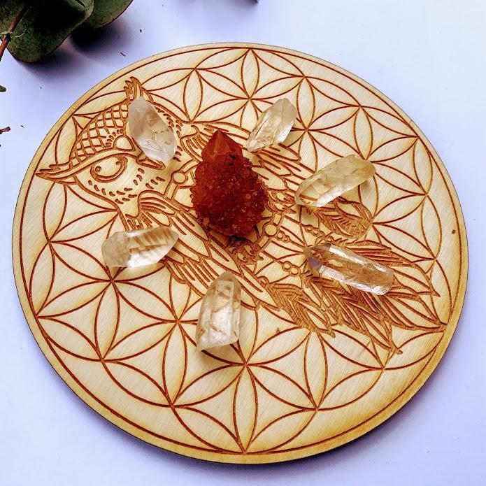 Crystal Mandala Set -Includes Owl Dreamcatcher Flower of life Birch Wood Board, Natural Golden Spirit Quartz & 6 Golden Healer Quartz Points - Earth Family Crystals