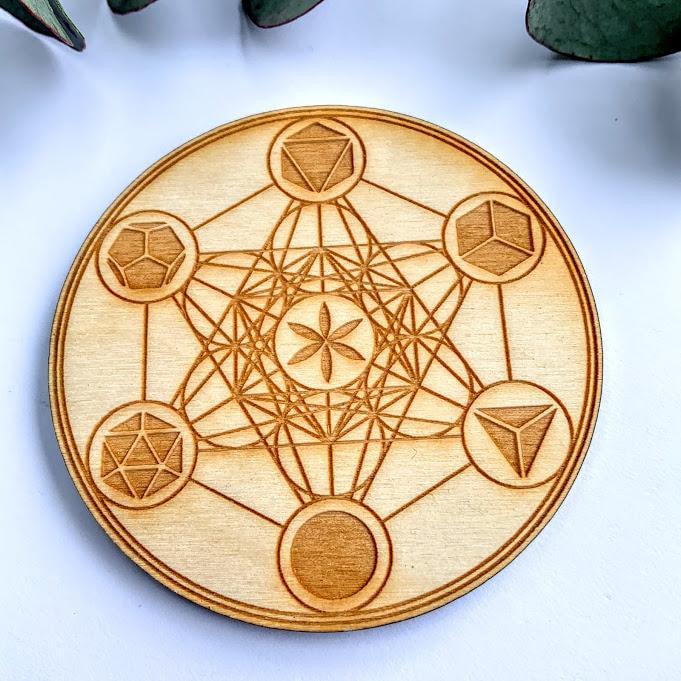 Crystal Mandala Set- 8 Golden Healer Mini Points & Mini Sacred Geometry Birch Wood Board - Earth Family Crystals