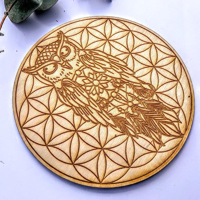 Crystal Mandala Set -Includes Owl Dreamcatcher Flower of life Birch Wood Board, Natural Golden Spirit Quartz & 6 Golden Healer Quartz Points - Earth Family Crystals