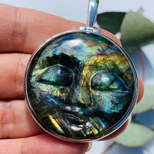 Amazing Tranquil Moon Goddess Face Labradorite Sterling Silver Pendant (Includes Silver Chain) #5 - Earth Family Crystals