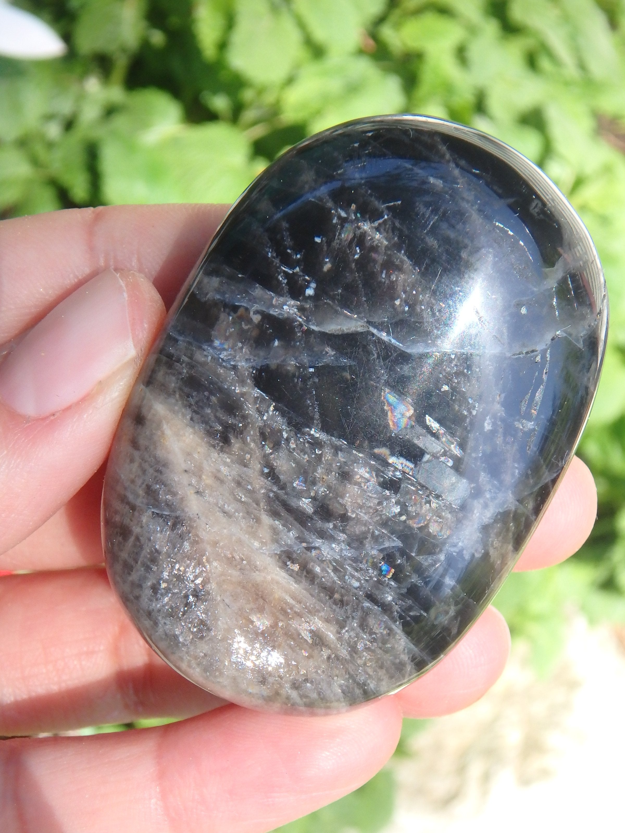 Rainbow Inclusions Black Moonstone Hand Held Specimen From Madagascar