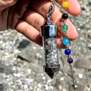 3 in 1 Rainbow Labradorite Crystal Chips Point Pendulum With Detachable Chakra Bead Chain (Use as a  Pendant, Bracelet & Pendulum) - Earth Family Crystals