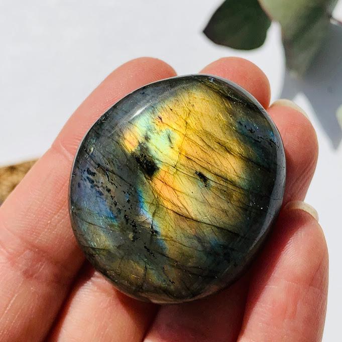 Salmon Pink Flash Labradorite Palm Stone from Madagascar