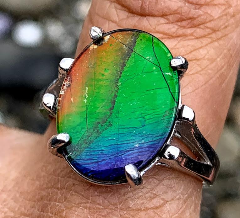 High Grade Quartz Capped Alberta Ammolite Ring in Sterling Silver (Size 9.5)