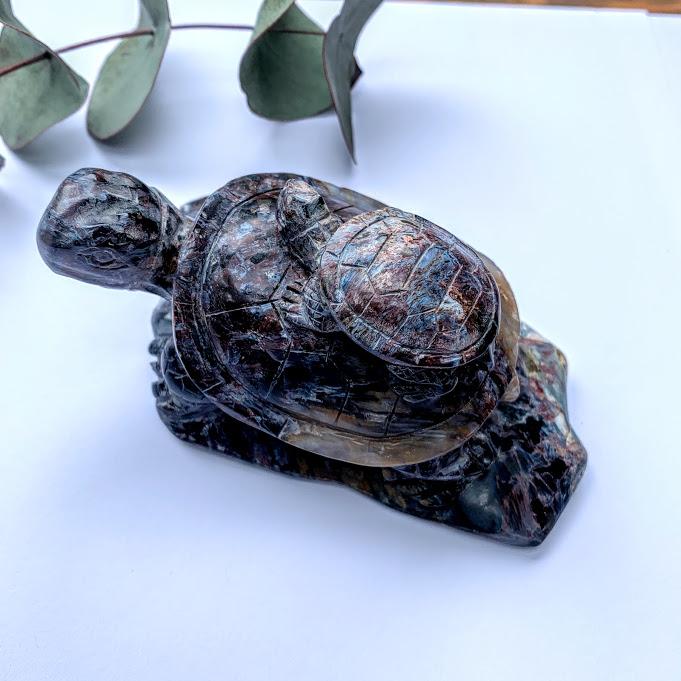 RESERVED~Hand Crafted~Adorable Large Rare Pietersite Mother and Baby Turtle Display Carving - Earth Family Crystals