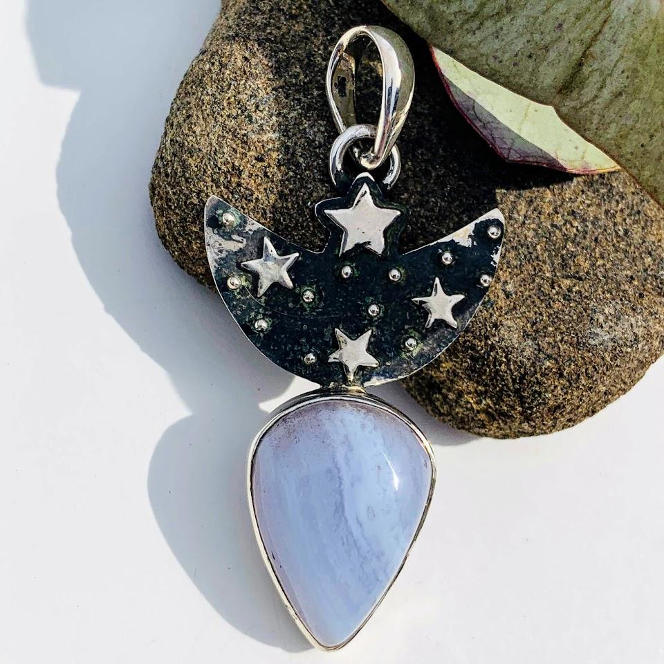 Trendy Crescent Moon & Stars Blue Lace Agate Oxidized Sterling Silver Pendant (Includes Silver Chain) - Earth Family Crystals